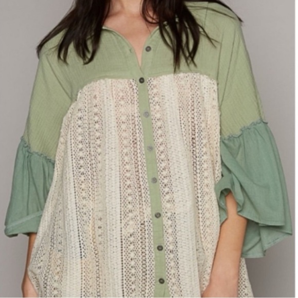 POL top frayed edge crochet Shacket long sleeves button down NWT Boutique - Picture 7 of 11